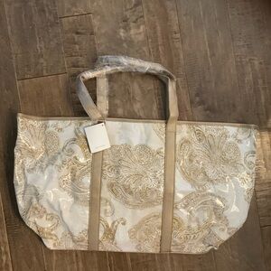 Chico's Elegant Limited Edition Cream and Tan Fully Lined Vinyl  Tote, NWT